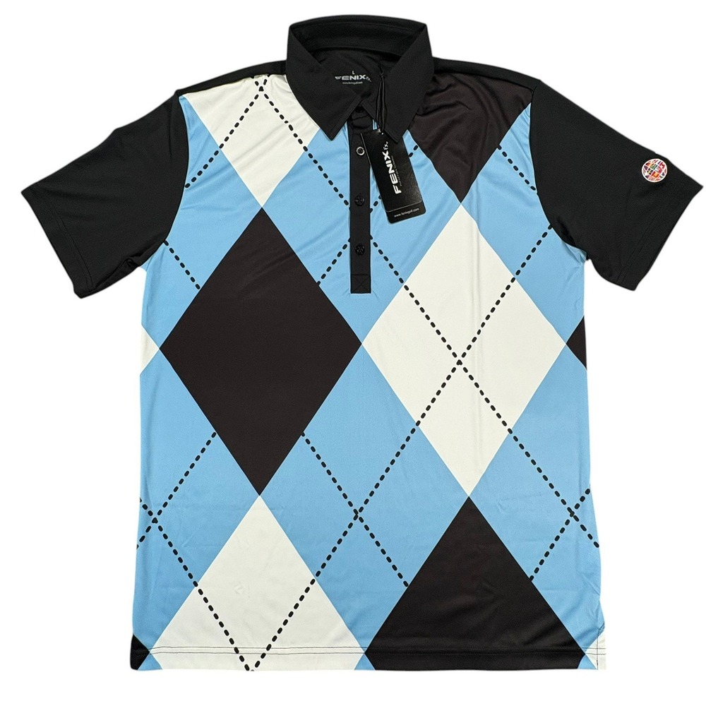 Fenix Golf Polo Shirt Mens L Cobalt Blue Black Argyle Short Sleeve Retro NWT